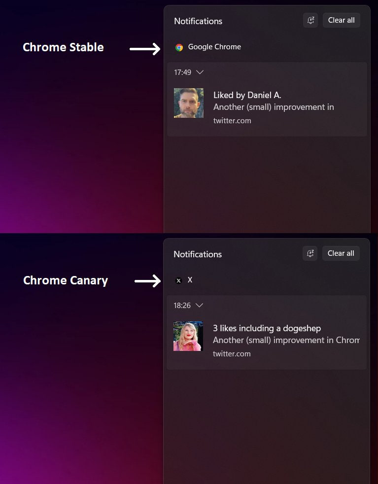 圖:谷歌瀏覽器也將增加通知中支持PWA應用顯示名稱和圖片而不是谷歌瀏覽器名號